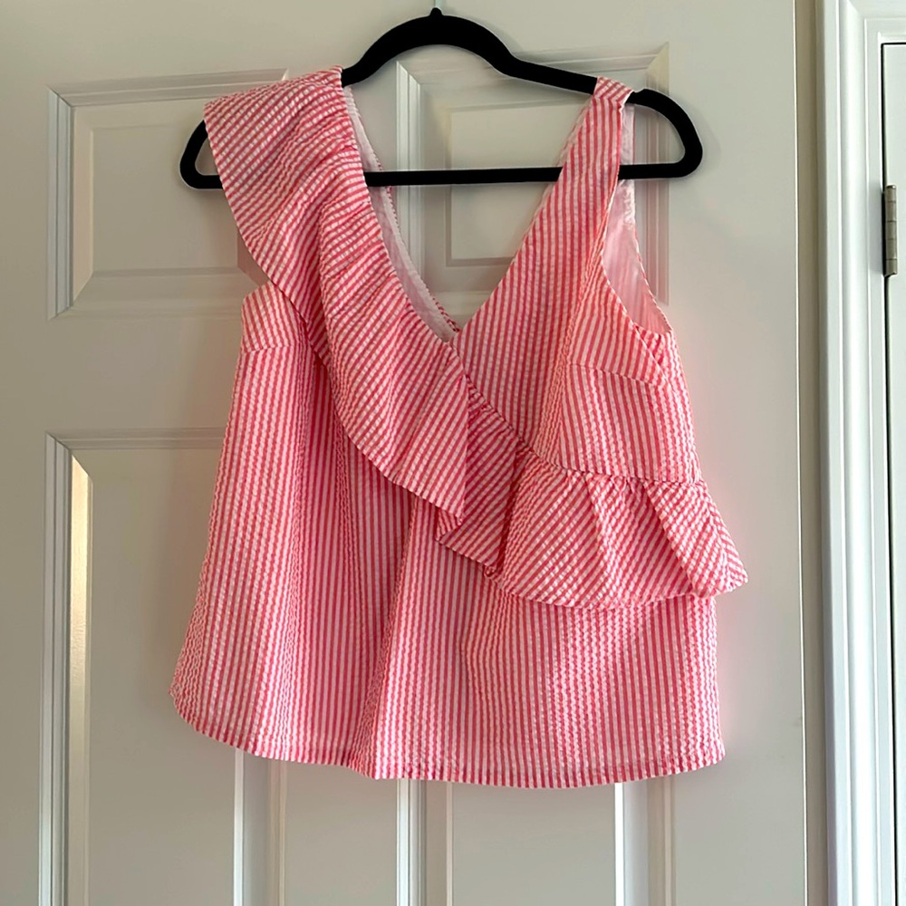 NWT Vineyard Cines Seersucker Ruffle-Shoulder Top - Neon Watermelon